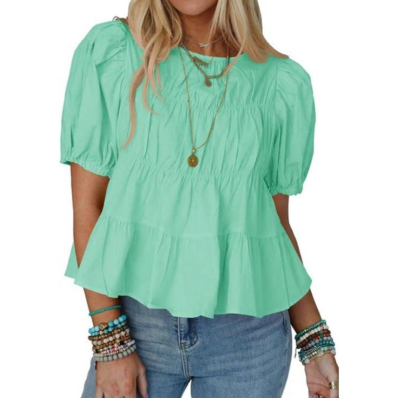 New Summer Puffed-sleeve Doll Shirt, Short-sleeved Loose and Casual A-line Pleated Stylish Top