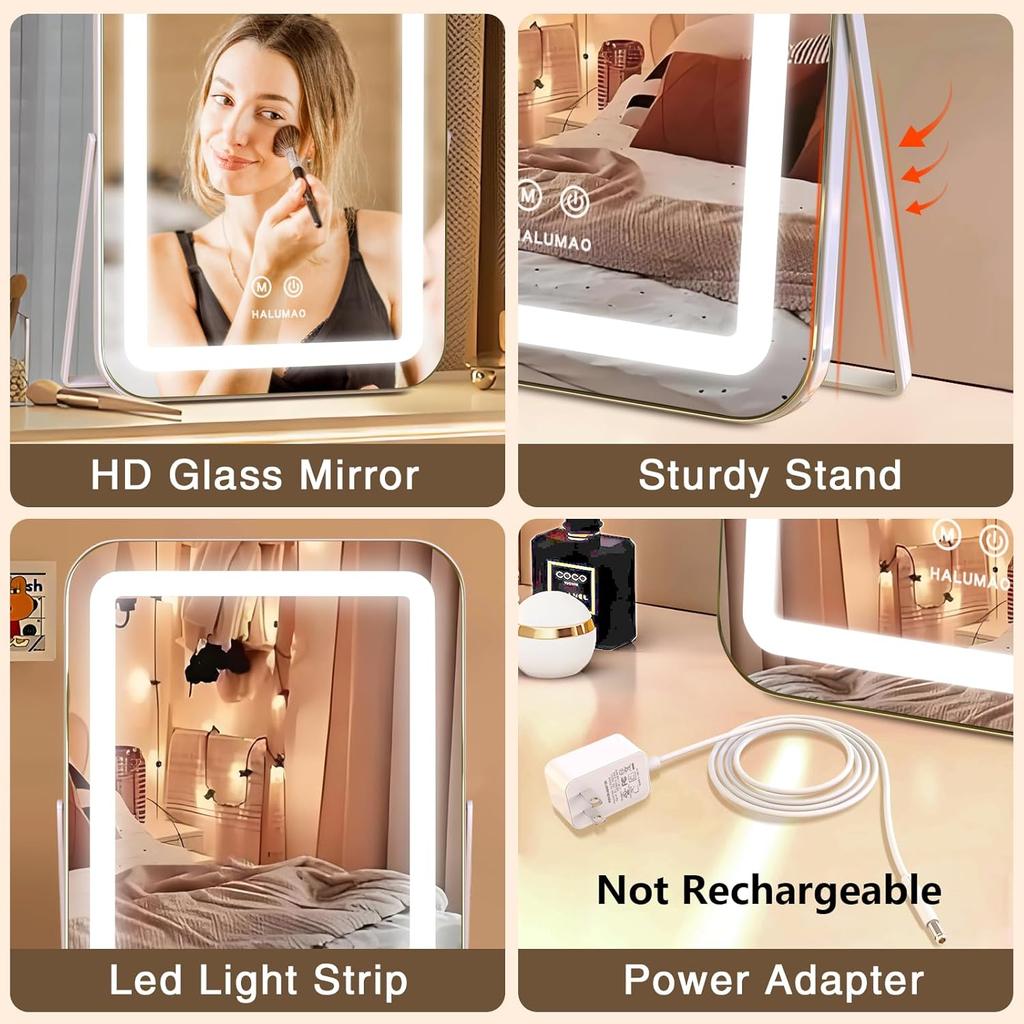 Vanity Mirror with Lights, 14.5" Light Up Makeup Mirror, LED Makeup Mirror with Lights for Bedroom Tabletop, Smart Touch Control 3 Colors Dimmable,