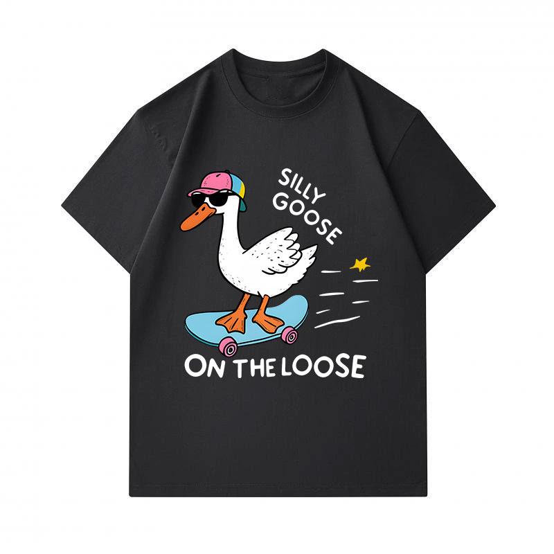 Men's 100% Cotton Crew Neck Short Sleeve T-Shirt, Funny Silly Goose Skateboarding Print Casual Summer Tee, Lightweight Breathable Loose Fit Top for Da