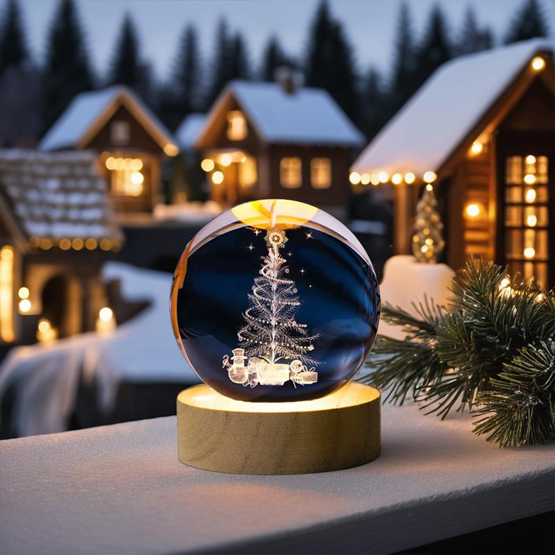 USB 3D Crystal Ball Night Light Engraved Santa Claus Snowman Globe LED Glass Sphere Wooden Base Birthday Gift Home Decorations