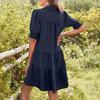 Casual Summer Swing Dress V Neck Short Sleeve Pleated Midi Flowy A Line Sundress Women Beach Dress with Lapel Collar