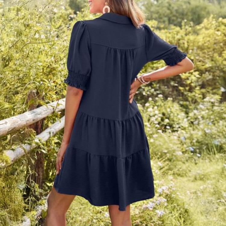 Casual Summer Swing Dress V Neck Short Sleeve Pleated Midi Flowy A Line Sundress Women Beach Dress with Lapel Collar