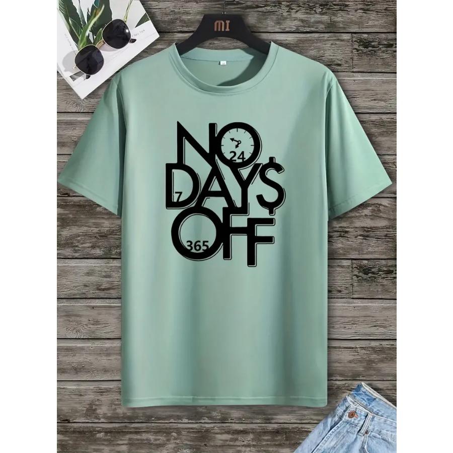 Vibrant NO DAYS OFF Graphic Tee - Crew Neck, Slight Stretch Polyester, Patterned Alphabets Print, Regular Fit Summer Casual Wear for Adult Men