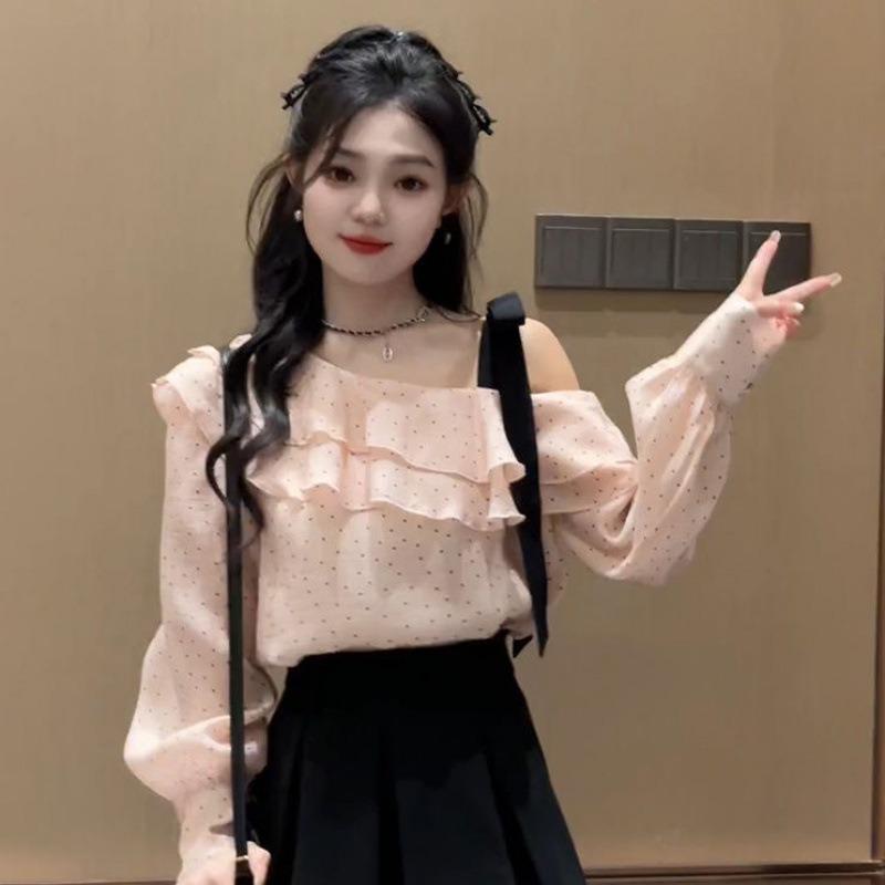 Women Off Shoulder Bow Tie Ruffled Polka Dot Long Sleeve Blouse S розовый