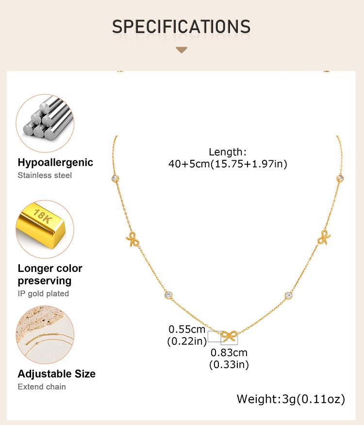 18K Gold Plated CZ Bow Knot Station Necklace for Women, Anti Tarnish Waterproof Stainless Steel Chic Coquette Jewelry
