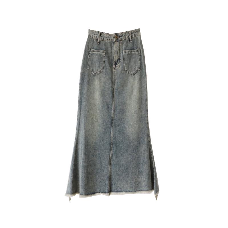 Halblanger Retro-Jeansrock in A-Linie mit Fischschwanz und Raw-Edge-Design für Damen