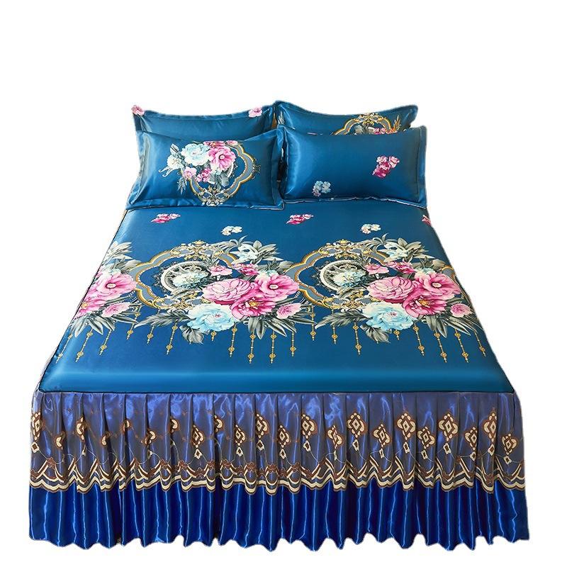 Summer Mat Viscose Fiber Mat Bed Skirt Three-Piece Set Household Double Summer Mat Machine Washable Fabric Cooling Mattress Soft Mat Bedspread