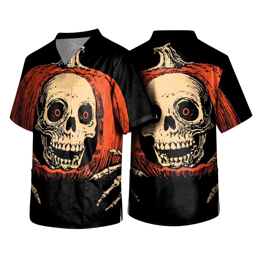 Men's Halloween Print V Neck Pocket Scrub Top Short Sleeve Work Shirt with Themed Pattern for Professionals Uniform