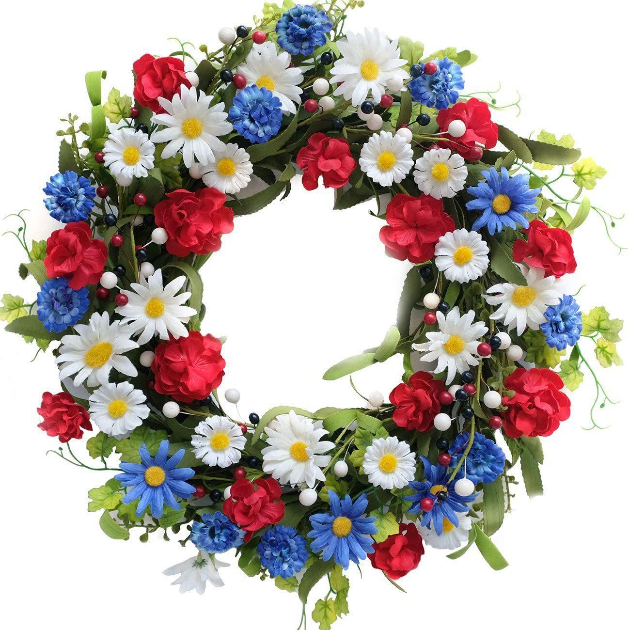 Flower Wreath Decoration Doorstep Ornaments Red White Blue Simulated Flowers Wildflowers Decoration Christmas Wreath
