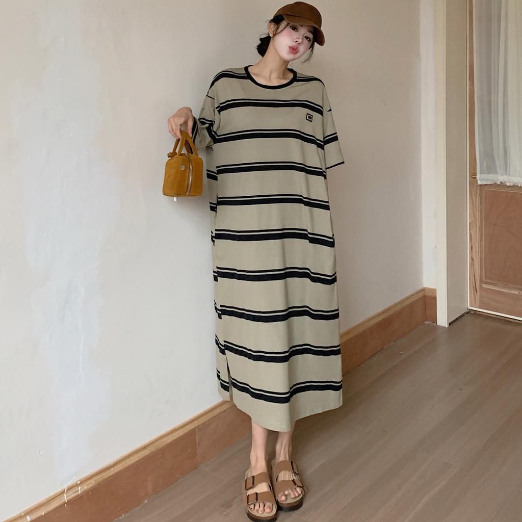 DIMANAF 2025 Sommar Plus Size Klänning Dam Casual Vintage Bomullsklänning Basic Lös Randig Långklänning