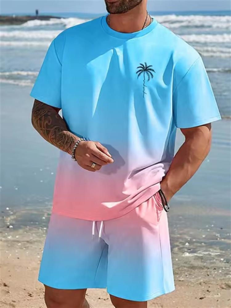 Verão Manga Curta Shorts Férias na Praia Casual Estampa 3D de Palmeira de Coco Conjunto de Praia Roupa Esportiva Masculina