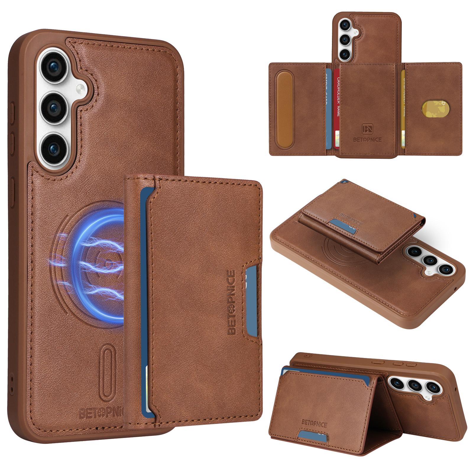 

For Samsung Galaxy S23 FE Magnetic Case BETOPNICE Leather Phone Cover Kickstand with Detachable Card Bag Brown