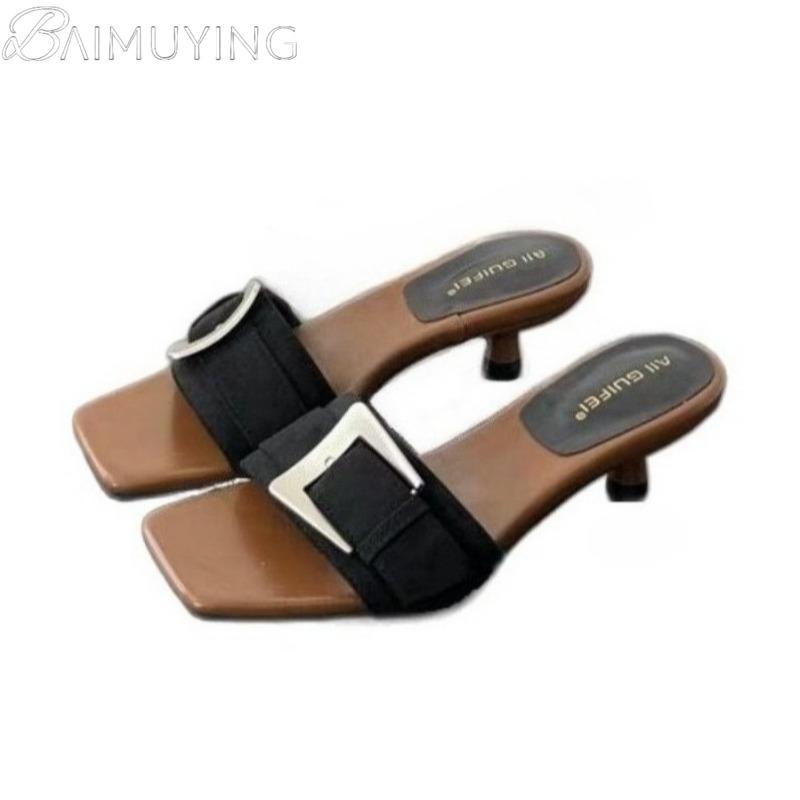 Fashion Leopard Buckle Slippers Loafers Shoes Woman Square Toe Women Heeled Sandals 2025 Trend Shallow Summer Flip Flops Casual Slides