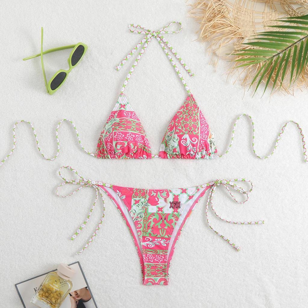 2025 New Multi-Color Print Backless Lace-Up Sexy Split Bikini Swimsuit for Women