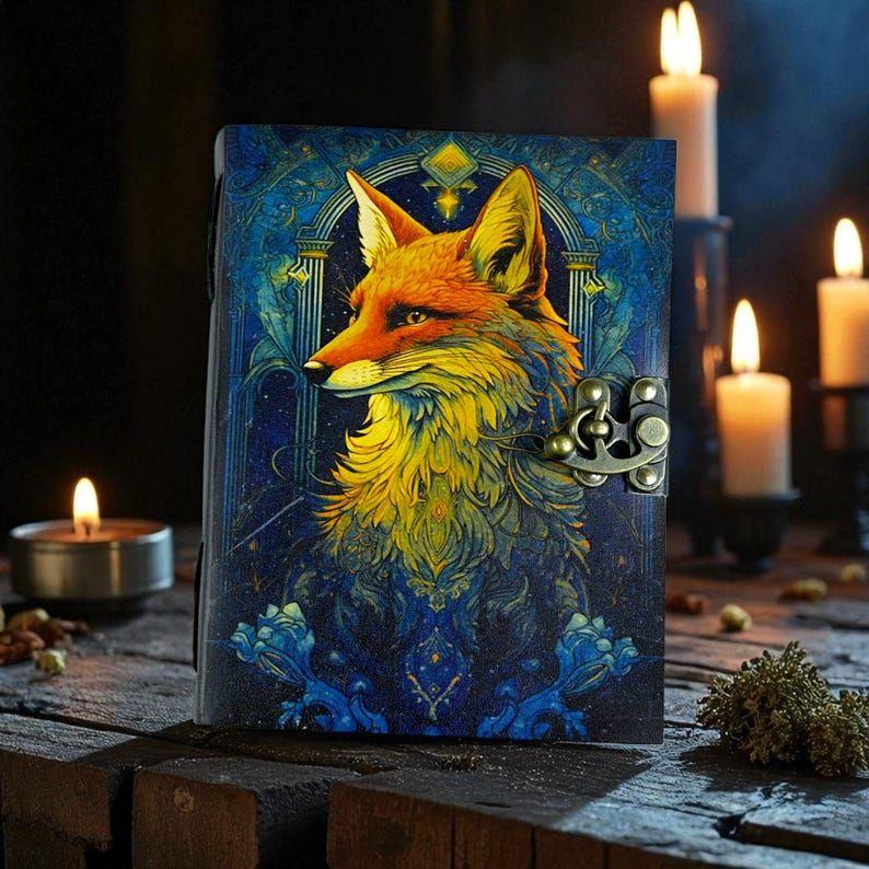 

Винтажный кожаный журнал ручной работы с лисой, Гримуар Толстый журнал Пустая книга теней для заклинаний Рождественские Небесные подарки для него ее 7 x 5 in