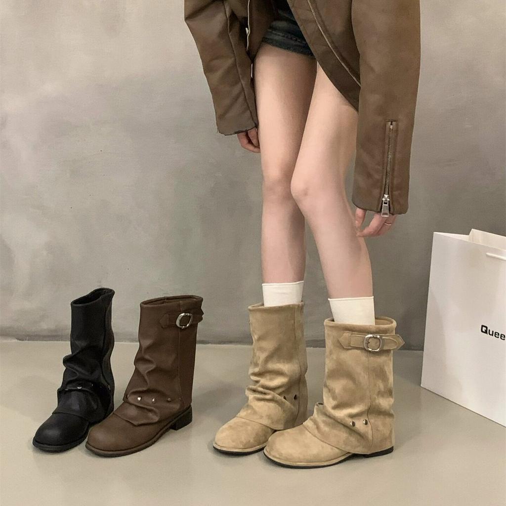 Heel Black Martin Boots Women's Boots New Spring and Autumn Locomotive Medium Boots Pants Boots with Skirt Short Boots