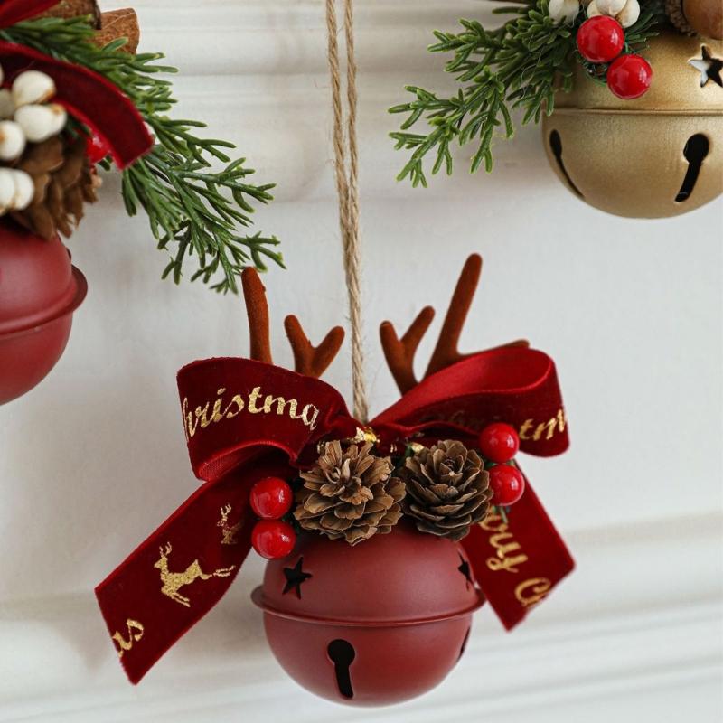 Antlers Pinecone Christmas Bells Durable Metal Fabric Decorations For Tree Home Party