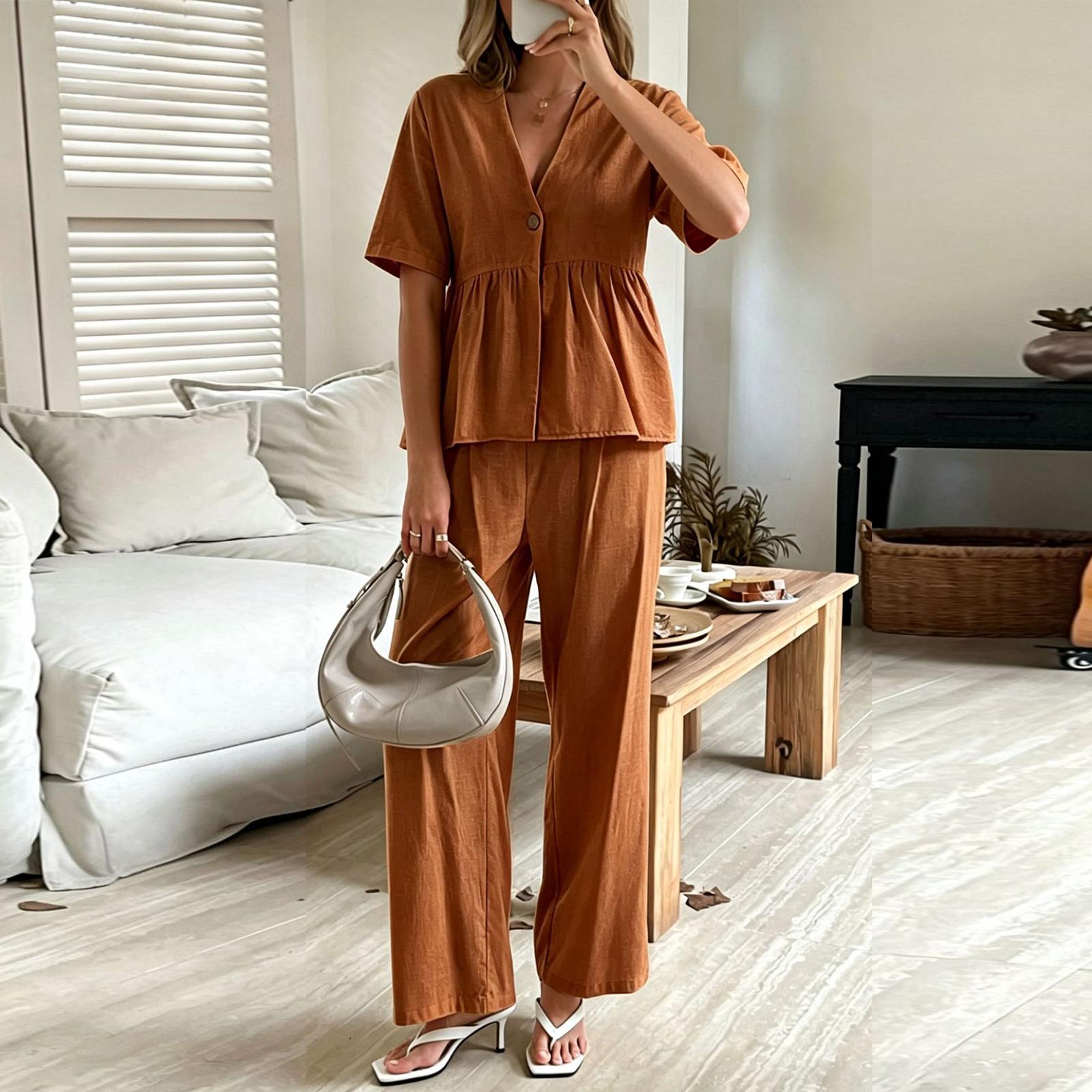 

Women s Two Piece Set V Neck Short Sleeve Loose Top and Wide Leg Pants Casual Outfit Lightweight Comfortable XL