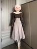French retro one-word shoulder long-sleeved pinched waist dress children's autumn and winter new models are super good-looking Maillard wear