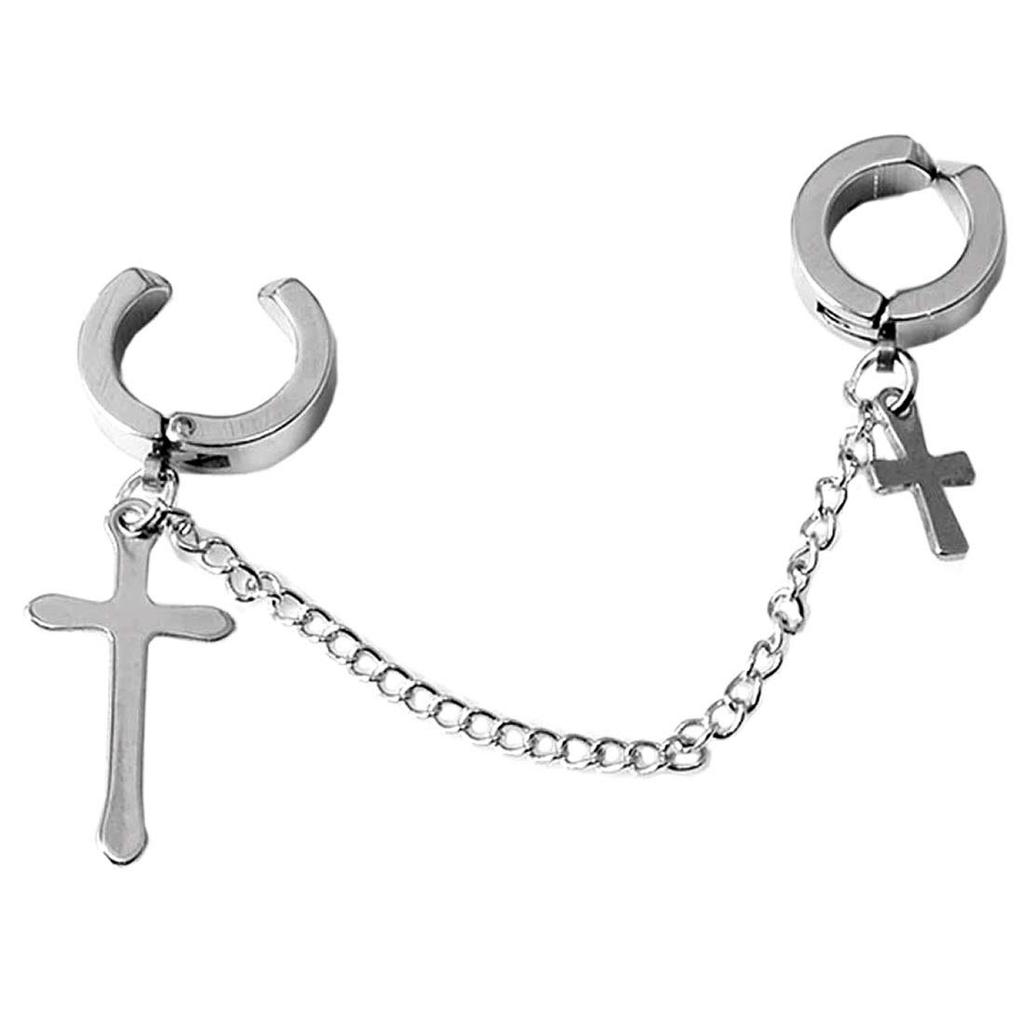 Ear cuff silver cross charm chain double earrings earrings stainless steel fake helix CF154 non-pierced
