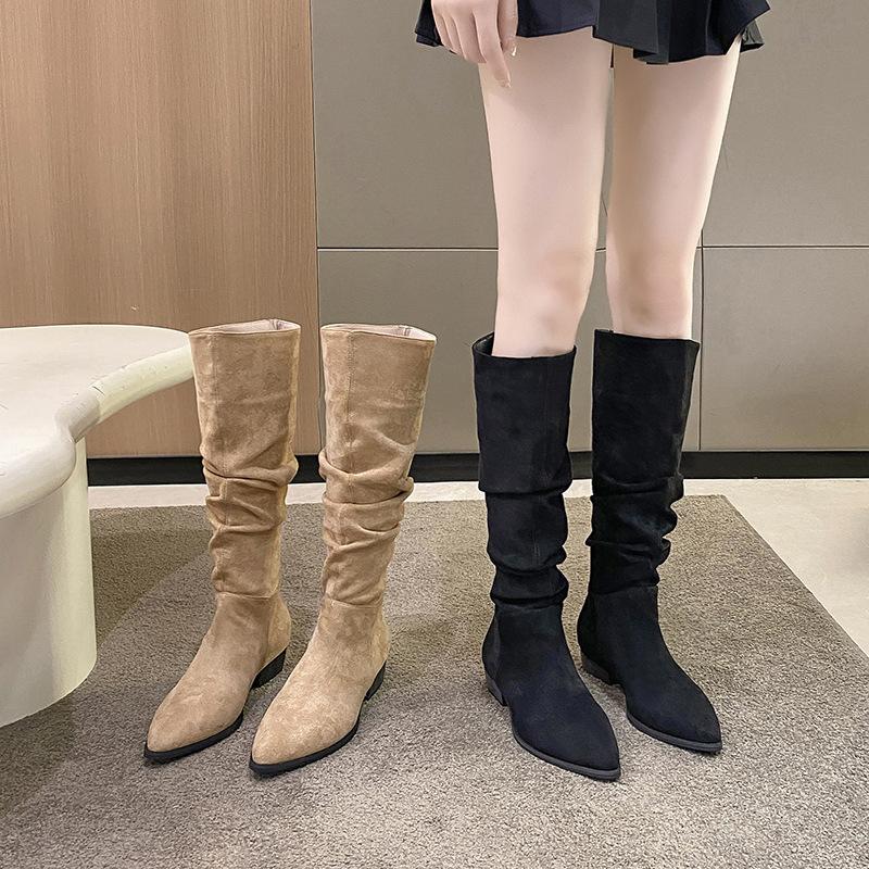 Pile Boots Female Knight Boots Vintage Suede Thick Heel Pointed Autumn Classic Folded Tall Boots