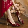 Red Xiuhe Chunky Heel Pointed Toe Wedding Shoes for Brides, 2025 New Style, Plus Sizes 32-43