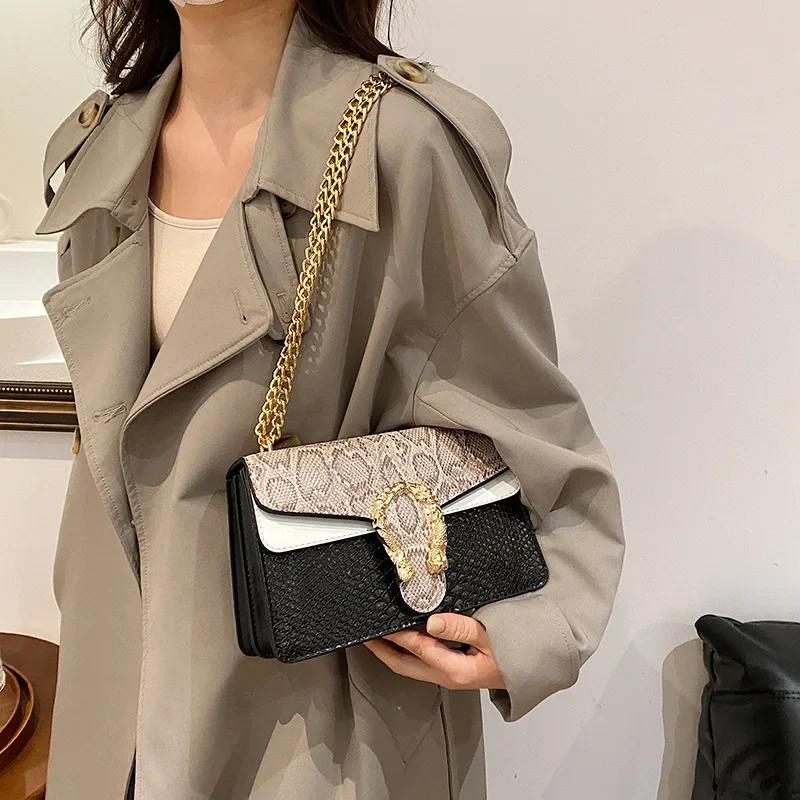 New Style Contrast Color Trendy Snake Print Stylish Chain Versatile Single Shoulder Bags Premium Durable Quality