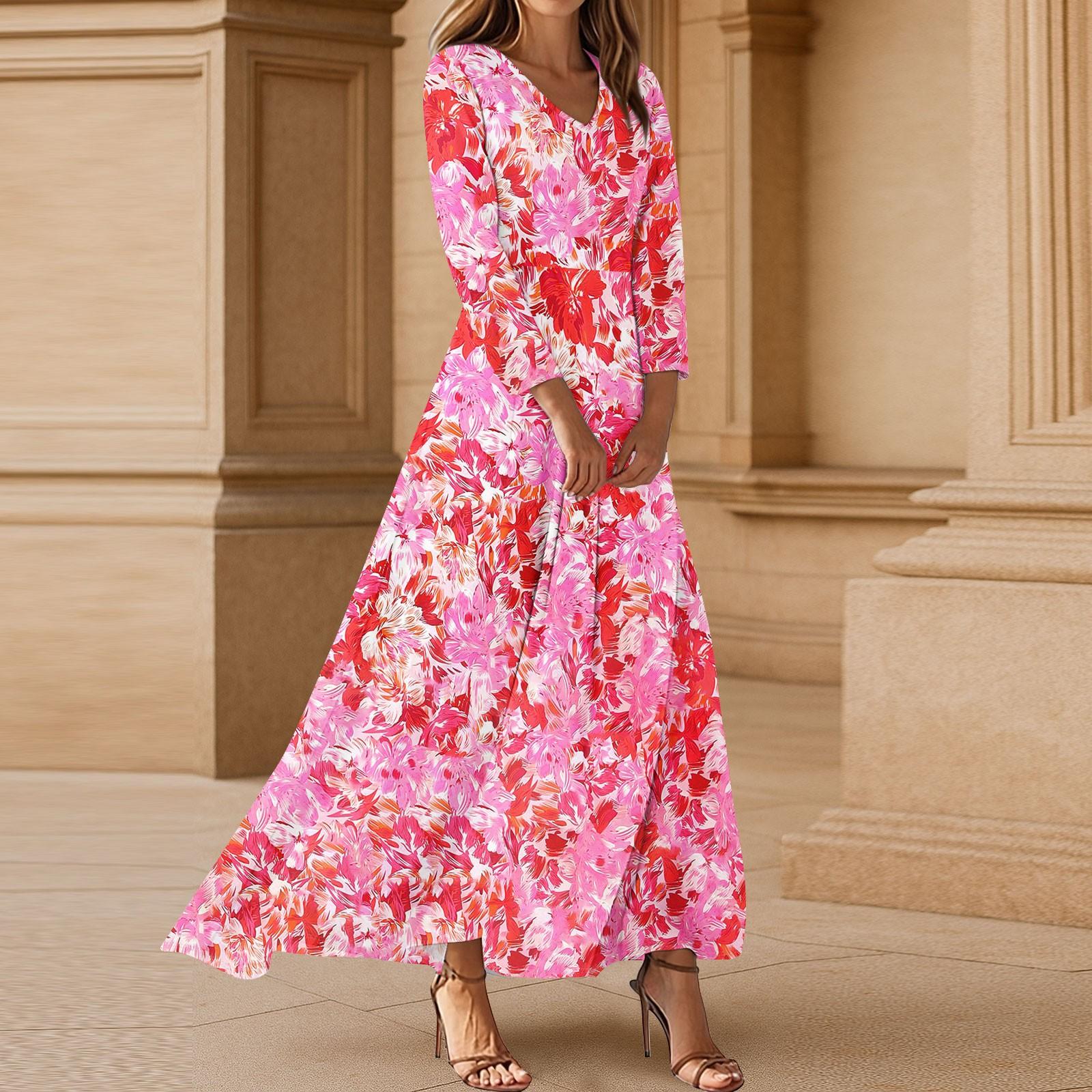 

Платья для женщин Винтажное туниковое платье миди с завышенной талией Летнее повседневное платье с рукавом 3/4 M красный