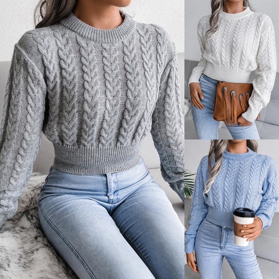 Autumn New Style Floral Ribbed Crop Knit Sweater Women's Clothing