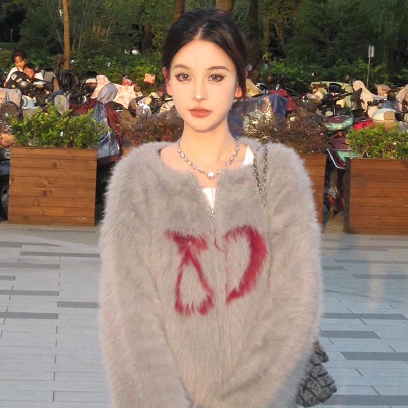 Women's Fluffy Knit Cardigan Jacket - American Style, Autumn/Winter, Cozy & Trendy