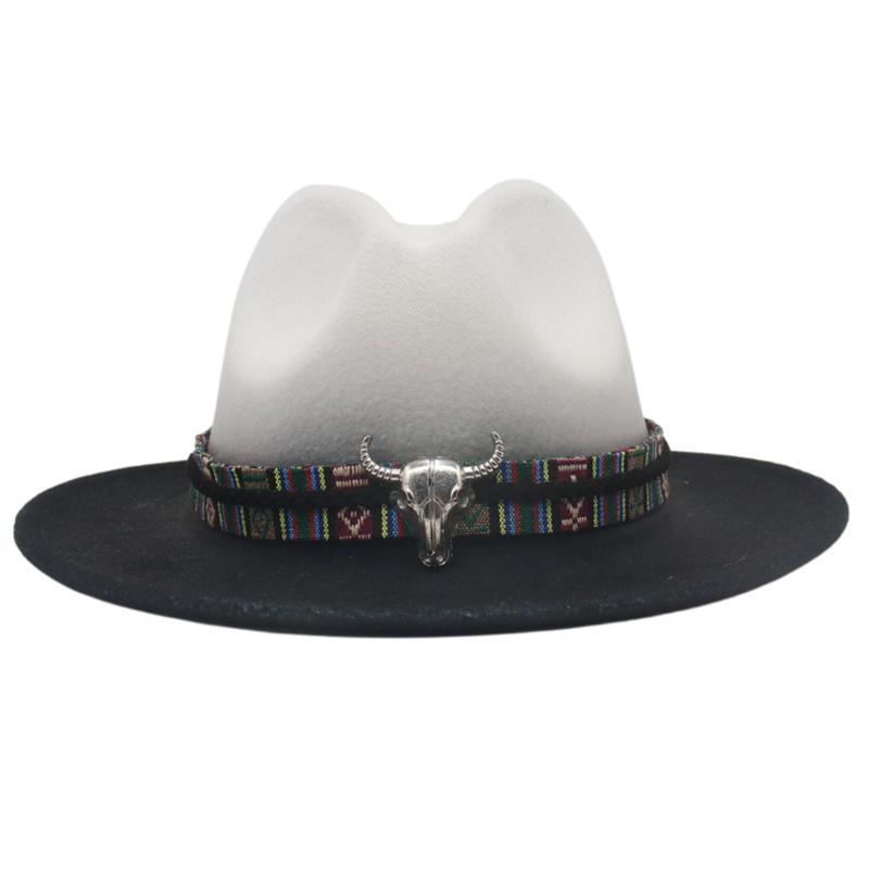 Trendy Tibetan Top Hat, Western Cowboy Hat, Bull Head Big Brim Woolen Felt Hat Gradual Change Color Spray Paint Two-Color Hat