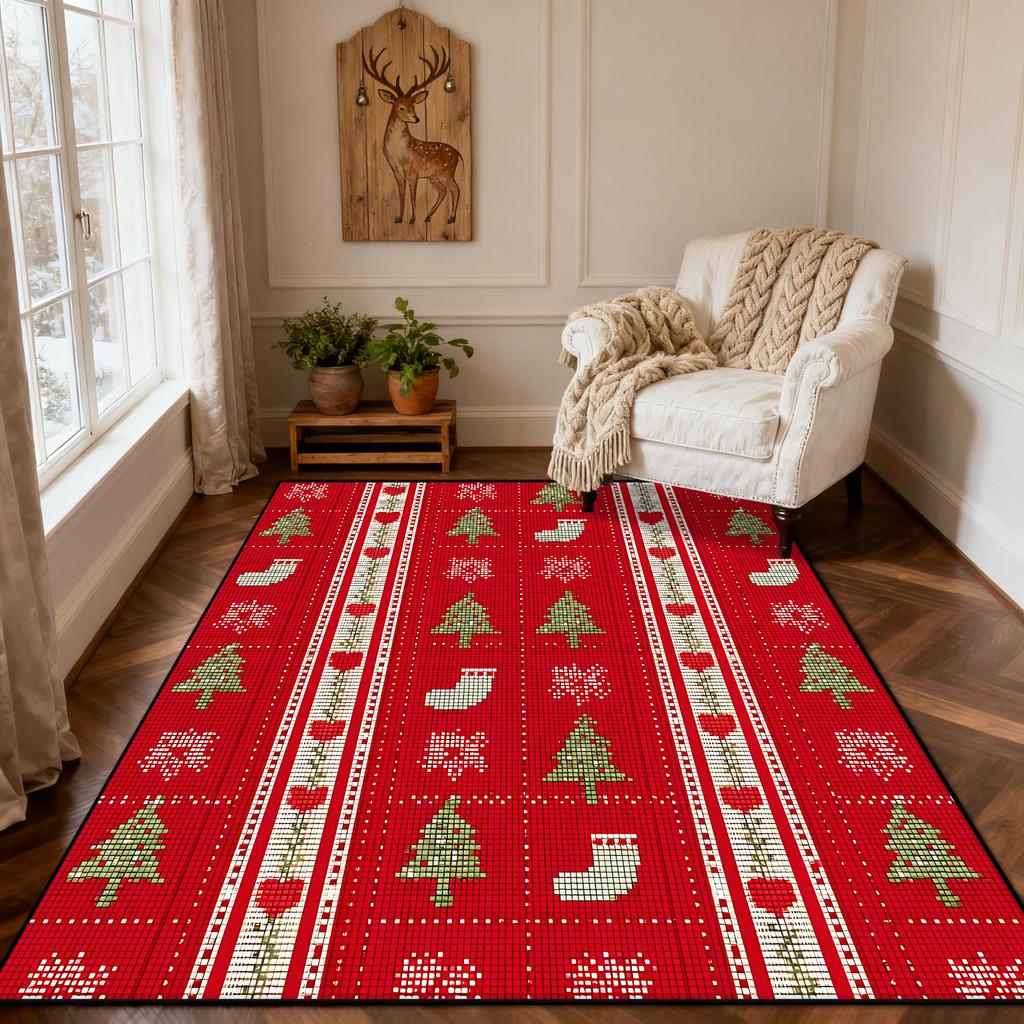 Christmas Style Red Living Room Carpet Christma Tree Decoration Bedroom Fluffy Thickened Rug Indoor Cloakroom Non-slip Floor Mat