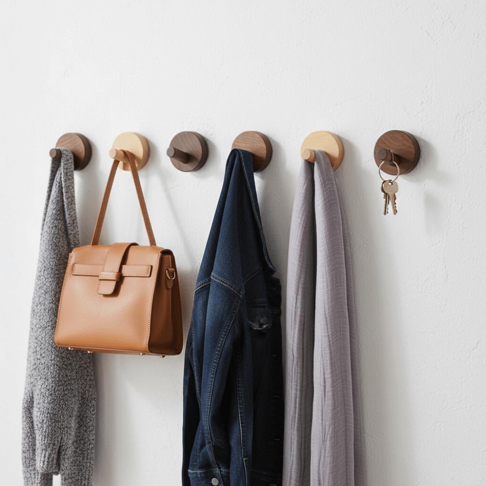 4 Stück Buchen-Nussbaumholz Holz Haken Massivholz Einfaches Design Wandhaken Holzgriff Bohrerfrei Hängender Kleiderbügel Küchenorganisation