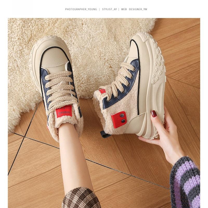 Women's Winter Fashion Casual Trend With Plush Insulation High Top And Height Increasing White Shoes
