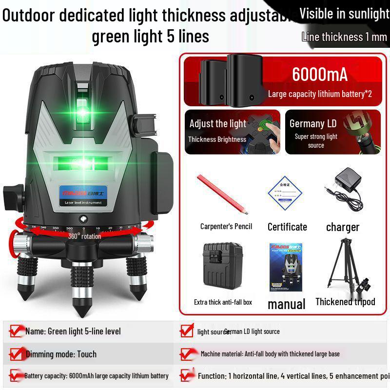 Vysoce přesná infračervená 5-liniová laserová vodováha pro stěnu a podlahu, samonivelační, zelené světlo, pro venkovní použití