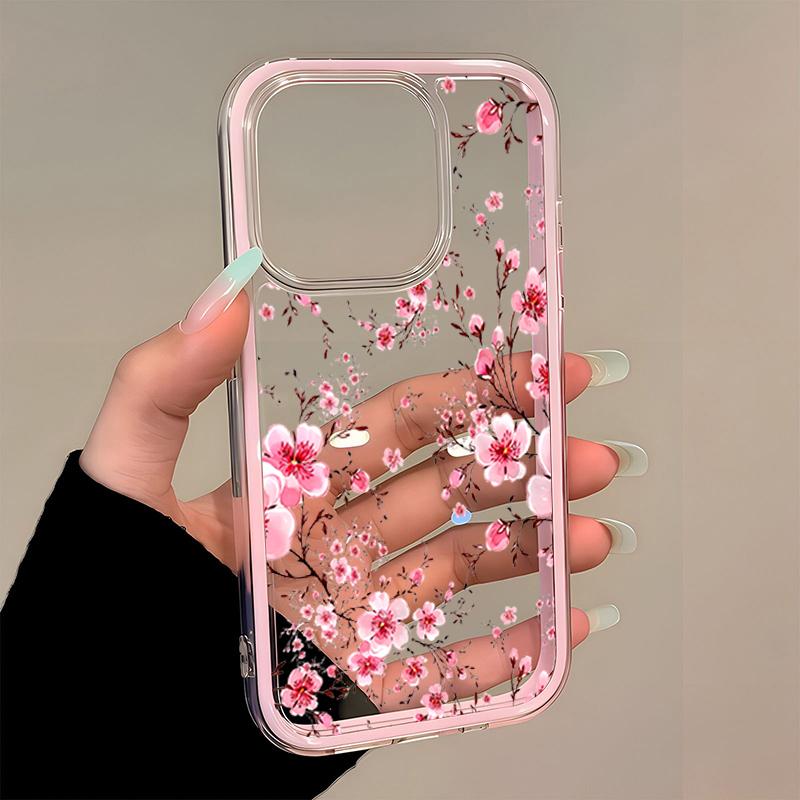 Pink Plum Blossom TPU Transparent Pink Silicone Soft Phone Case For iPhone 17 16 15 14 13 12 11 Pro Max 15 Plus Shockproof Cover