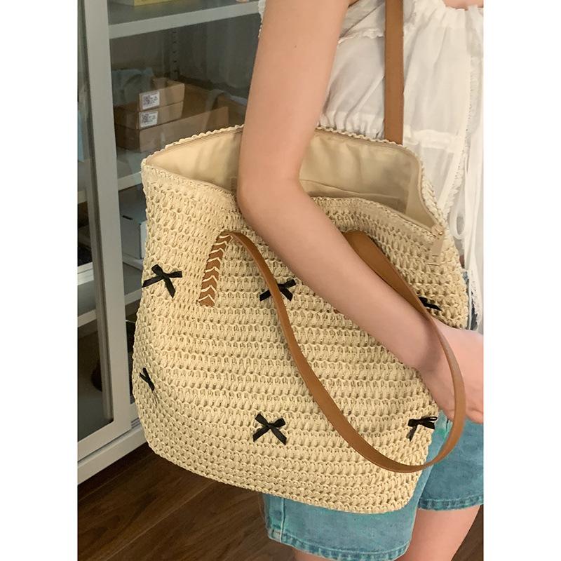 

Модный женский рюкзак большой вместимости, сумка-тоут с бантом, плетеная сумка в отпускном стиле бежевый