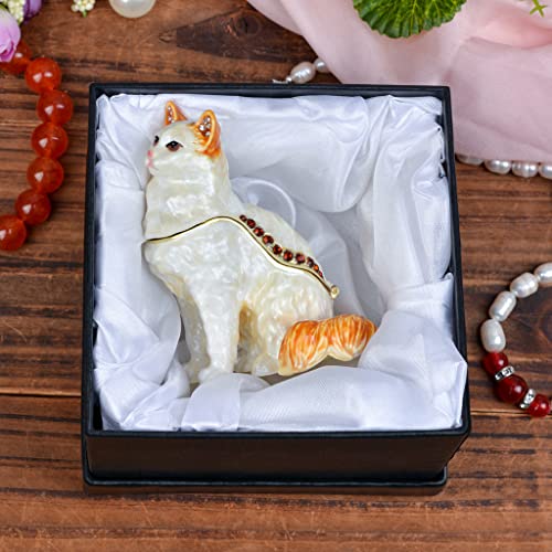 FJ FENGZHIJIE Cat Figurine Decorative Gold Crystal Enamel Trinket Box Jewelry Box, Cat Lover Gift
