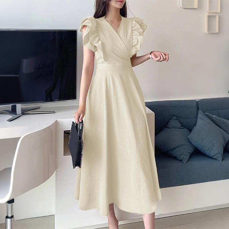 ZANZEA Abito Lungo Estivo da Donna con Scollo a V, Maniche a Volant, Ampio, Casual