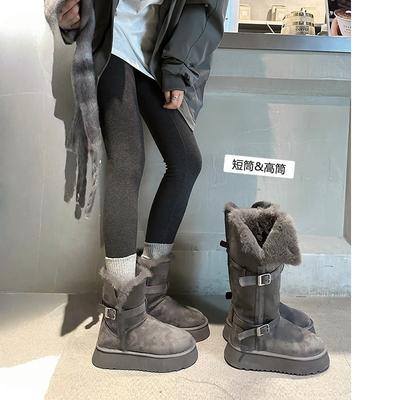 Gray Snow Boots Winter New Thick-soled Heightening Piled Thickened Long-tube Snow Cotton Shoes