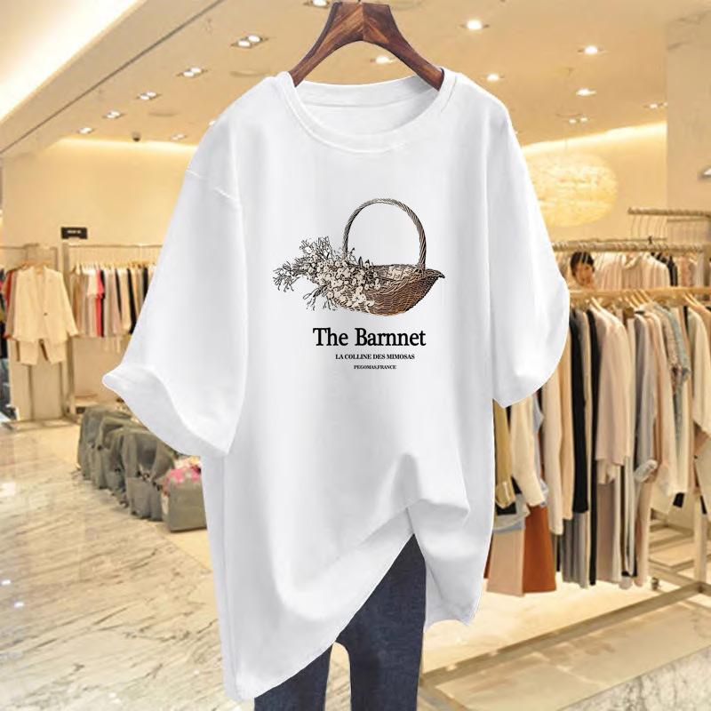 

Korean designer flower basket printing basic round neck loose cotton short-sleeved T-shirt men and women couples tide S
