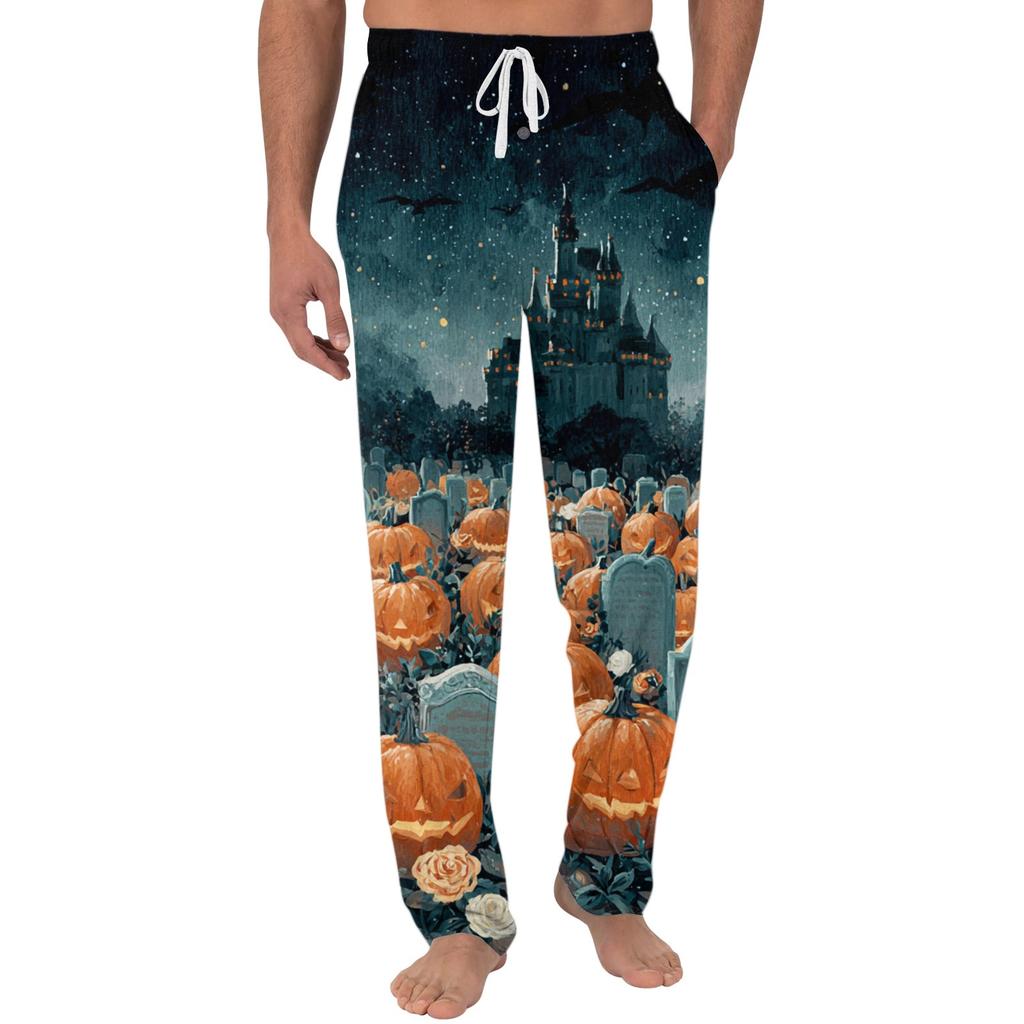 Men's Halloween Print Casual Lounge Pants with Elastic Waist and Drawstring Pocketed Sleepwear Bottoms for Indoor Relaxation