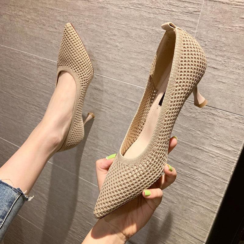 Women Pumps Summer Comfortable Triangle Heeled Party Shoes Stiletto Sexy Single Shoes Flying Woven Mesh Breathable