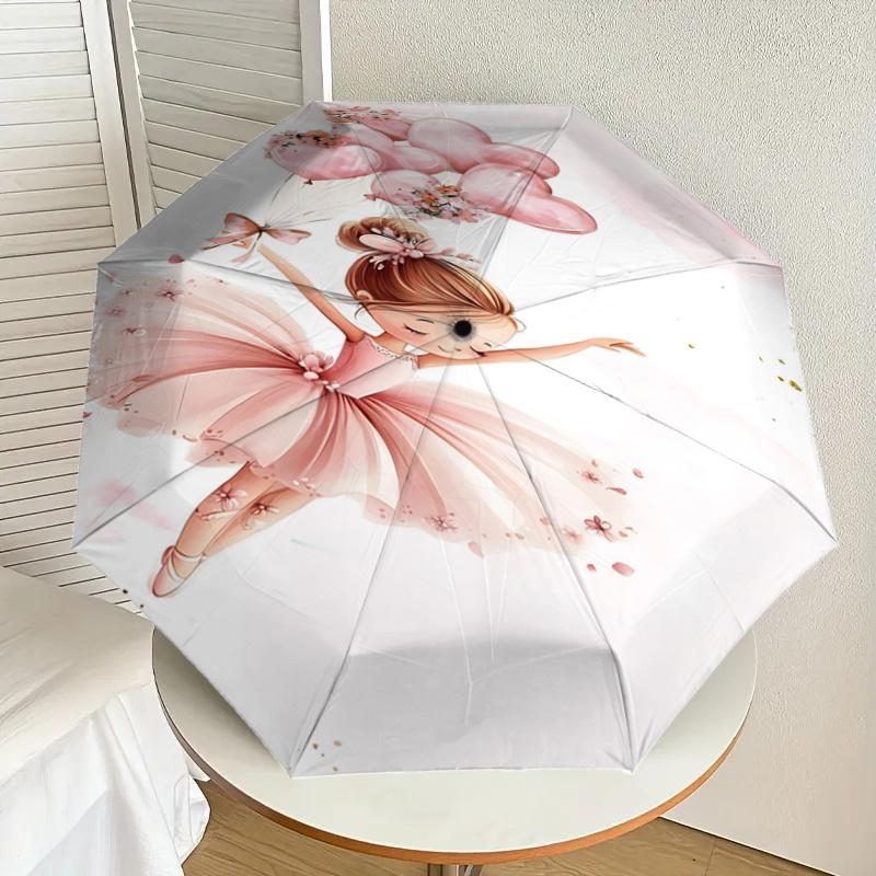Pink Flower Balloon Ballet Girl Automatic Opening/Closing Umbrella - Portable Three-Fold Design with Iron Frame for Outdoor Use, Perfect Gif