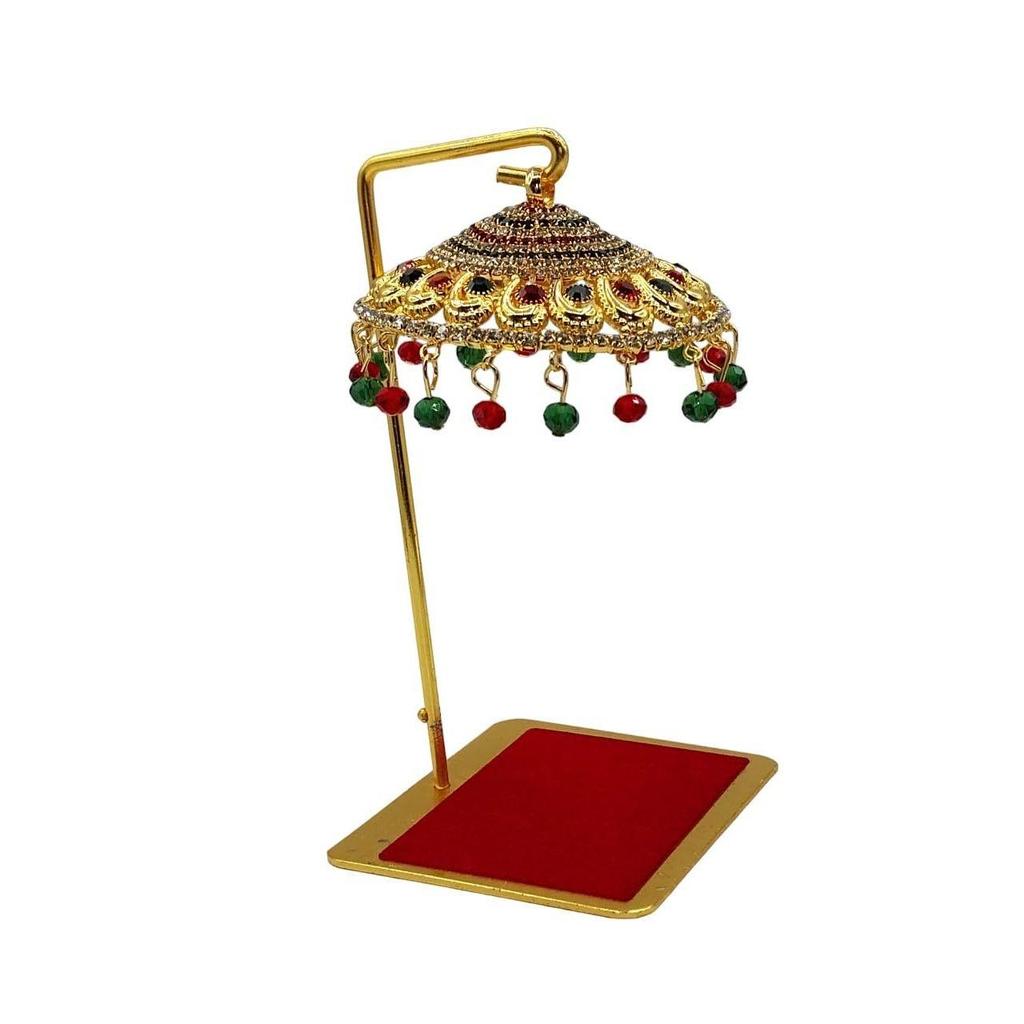 Metal Chhatra Umbrella for God Idol – Design 12 | Hanging Crystal Chatri for Car Dashboard, Office Desk, Home Temple & Murti Decoration