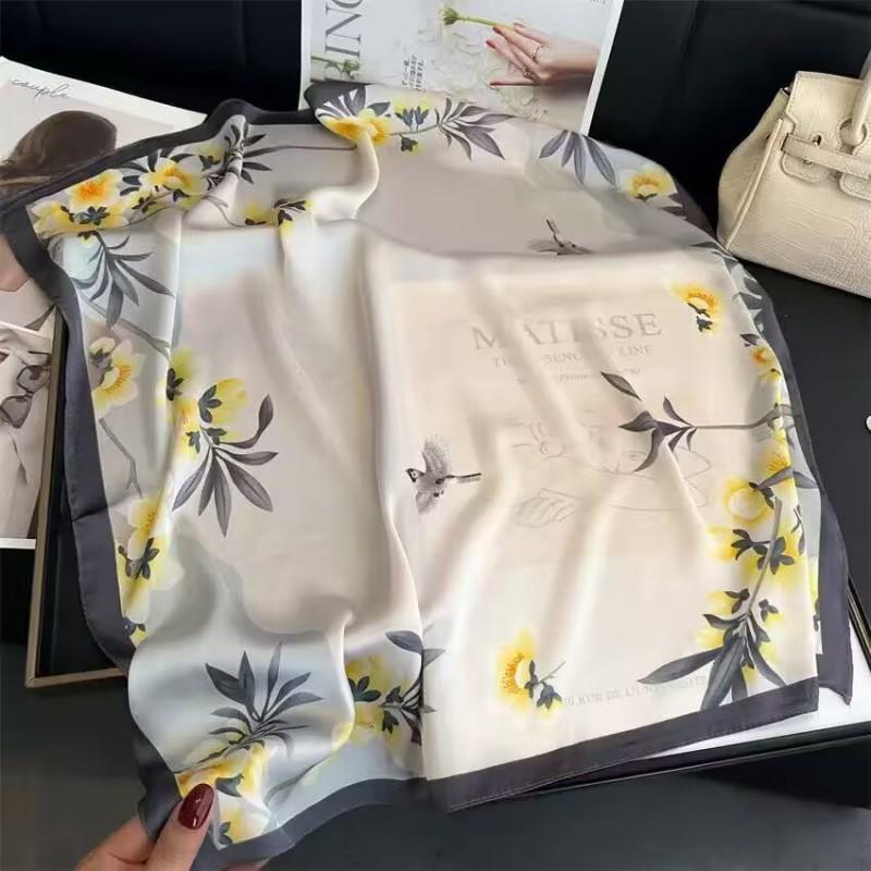 70x70cm Lightweight Cotton Silk Square Scarf With Boho Floral Print Breathable Neck Wrap Women