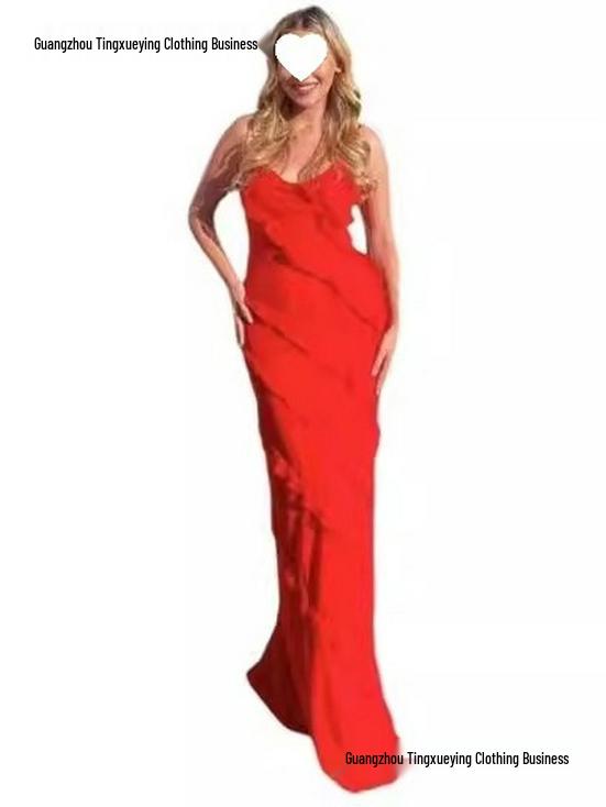 European-American Backless Spaghetti Strap Wave Slim-Fit Slit Maxi Dress