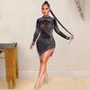 European & American Sexy Mesh See-Through Nightclub Dress with Bead Tassels and Long Sleeves