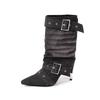 Fashion Retro Denim Rivet Strap Buckle Women Mid-calf Boots Fashion Pleated Design High Heels Autumn Winter Western Cowboy Boots Shoes