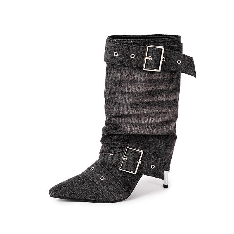 Fashion Retro Denim Rivet Strap Buckle Women Mid-calf Boots Fashion Pleated Design High Heels Autumn Winter Western Cowboy Boots Shoes